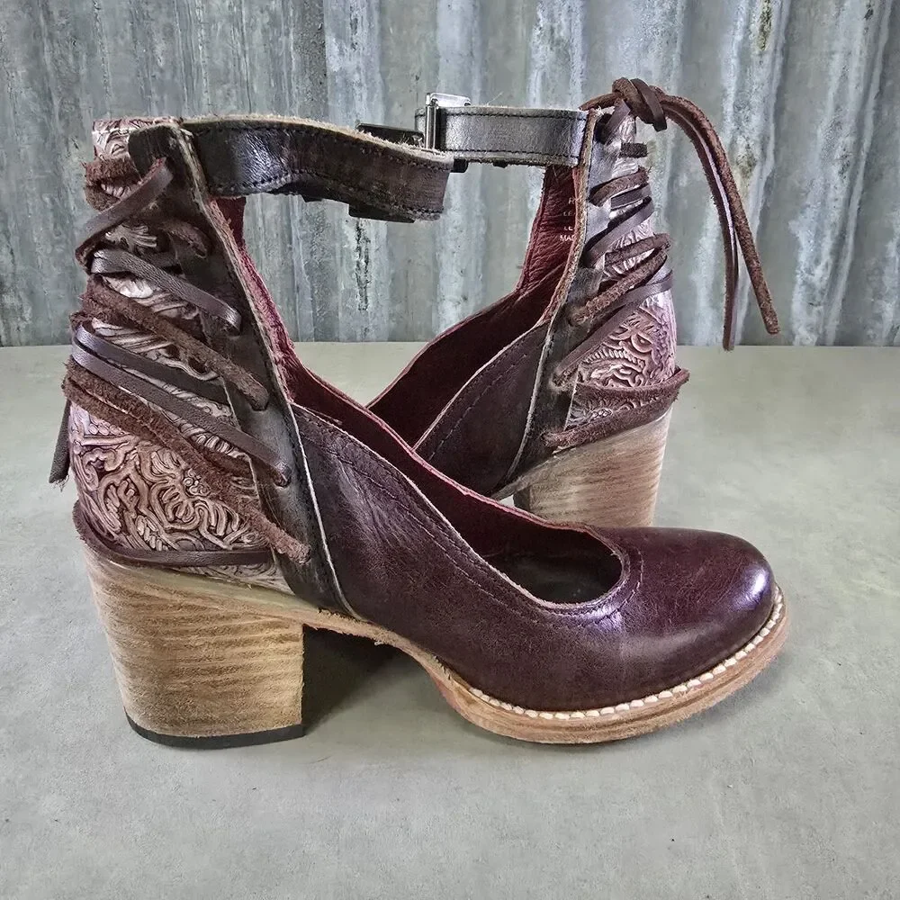 Freebird by Steven Burdgundy Tooled Leather Ankle Shoes Womens Sz 6 Raeanne